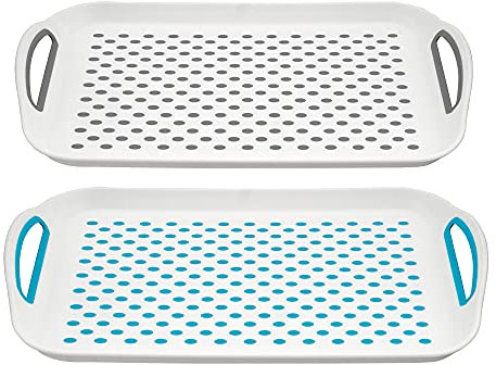 DASHMESH Set of 2 Anti-Slip Rectangular Serving Tray, Blue & Grey Non-Slip Top & Bottom Plastic Dinner/Drinks Trays with High Grip Silicone Rubber Surface with Grip Handles