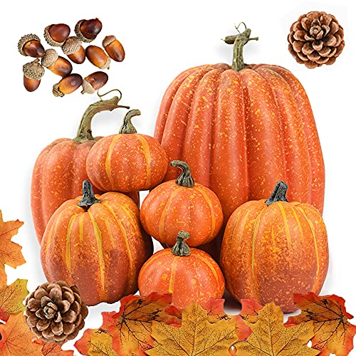 Set di decorazioni autunnali, zucca artificiale di grandi dimensioni, foglie di acero, pigne, ghiande per l'utilizzo di ghirlande autunnali, decorazione autunnale per la tavola di casa di Halloween