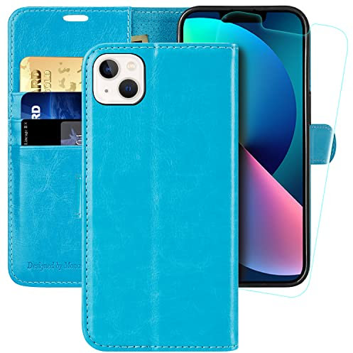 MONASAY Wallet Case for iPhone 13 Mini 5G,5.4-inch[Glass Screen Protector Included] [RFID Blocking] Flip Folio Leather Cell Phone Cover with Credit Card Holder,Light blue