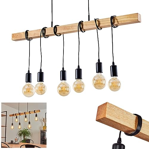 HOFSTEIN Pendelleuchte Mantigan, 6-flammige Hängelampe aus Metall/Holz in Schwarz/Natur im skandinavischen Design, Hängeleuchte mit Holzstab, 6 x E27, höhenverstellbar bis max. 190 cm