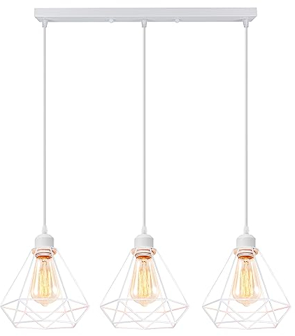 iDEGU 3-flammig Pendelleuchten, Vintage Hängelampe Industrielle Pendellampe aus Metall E27 Hängeleuchte im Geometrisch Käfig Stil Retro Lampe für Küche Esszimmer, Weiß, Ø 20.5cm