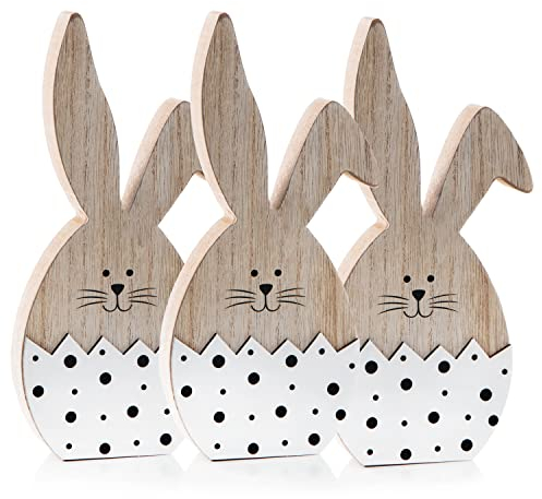 Logbuch-Verlag 3 gleiche Osterhasen Hasen Figuren aus Holz 14 cm schwarz-weiß gepunktet Deko Ostern Osterei