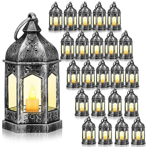 Hortsun 24 Pcs Halloween Mini Vintage LED Lantern for Centerpiece Wedding Decorative Lantern with Flickery Candle Battery Powered Festival Hanging Tealight Ramadan Christmas Party Decor(Silver)