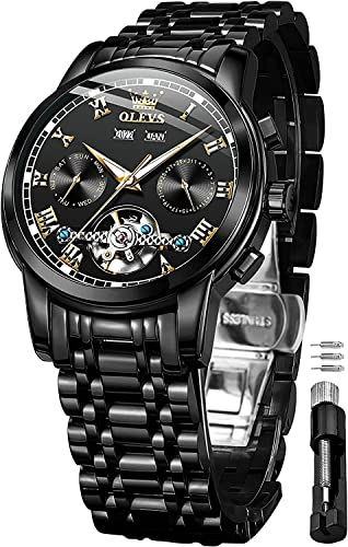 OLEVS Automatikuhr für Herren, selbstaufziehend, mechanisch, wasserdicht, Edelstahlband, klassische Tourbillon-Armbanduhren, Schwarz , Luxuriös