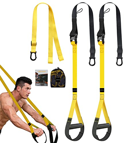 UONNER Equipo de entrenamiento de suspensión para gimnasio en casa, negro, metal, estilo exterior, con correas de extensión y anclaje de puerta