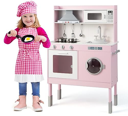 COSTWAY Cuisine Enfants Rose avec Accessoires & 3 Hauteur Réglable, Jeu de Cuisine avec Sons et Lumières, Machine à Laver & Four, Jouet d'Imitation pour Tout-Petits de 3 Ans+