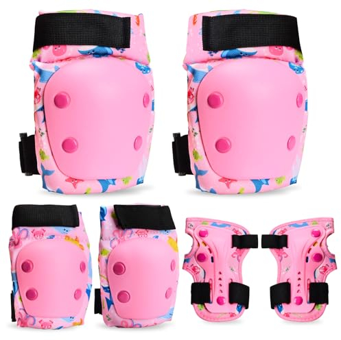 CHMMY Knieschoner Kinder Knieschützer für Mädchen Schützer Inline Skates Kinder mit Handgelenkschoner, Knie und Ellenbogenschützer für Rollschuhe, Radfahren, BMX-Fahrrad, Skateboard Rosa M