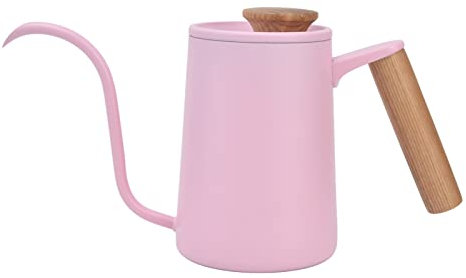 Cyrank Kaffeekanne mit Schwanenhals, Schwanenhals-Wasserkocher, Gooseneck Kettle, Kaffeekessel, Rosa Edelstahl-Tropfkaffeekanne,Teekessel Mit Holzgriff Und Deckel(600ml)