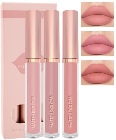 Set di 3 rossetti liquidi opachi, colore rosa nude rubino rosso velluto ad alta pigmentazione, a lunga durata, waterproof non-stick per labbra 24 ore