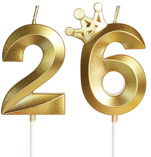 Geburtstagskerzen Zahlen mit Krone 26, 5cm 3D Gold Geburtstagskerzen, Geburtstag Kerzen,Kerzen Geburtstag,Tortenaufsätze Kuchen Topper Dekoration Hochzeit Geburtstag Jubiläum Feier Lieferungen(26)