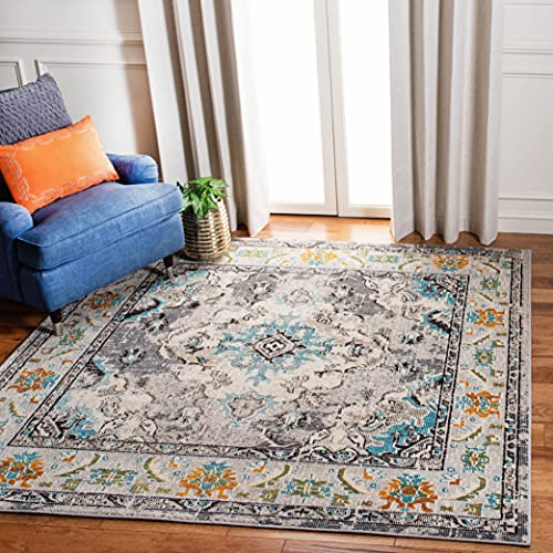 SAFAVIEH Boho Teppich für Wohnzimmer, Esszimmer, Schlafzimmer - Monaco Collection, Kurzer Flor, Grau und Hellblau, 120 x 120 cm