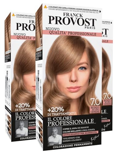Franck Provost Tinta Permanente Riutilizzabile per Capelli con Trattamento di Bellezza Colorazione Professionale e Copertura Ottimale a Lunga Durata Colore 7.0 Biondo scuro cenere - 3 Tinte
