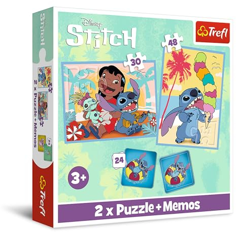 Trefl - Lilo & Stitch, Fröhlicher Tag von Lilo&Stitch - 3in1: 2X Puzzle + Memory-Spiel, Puzzle mit Figuren der Fernsehserien, 30 und 48 Teile, 24 Memos, Unterhaltung für Kinder ab 3 Jahren