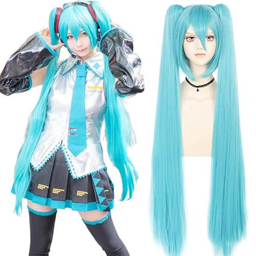 Blaue Perücke für Frauen mit zwei abnehmbaren Pferdeschwänzen, 47 Zoll / 120 cm langes Haar, lange gerade Synthetik mit Pony für Halloween-Kostümparty Anime (Blau)