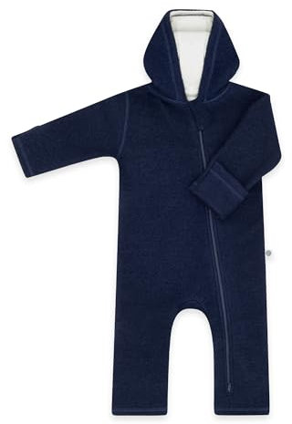 emma & noah Tuta da ciclismo per neonati e bambini, con cappuccio caldo, maniche e piedi, chiusura lampo lunga, lana (lana merino), OEKOTEX Standard 100, Essential blu, 74/80 cm