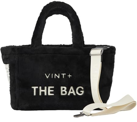 VINT+ Fluffy Bag Damen Handtasche – Teddy Shopper Tasche mit Reißverschluss und wählbarem Tragegurt – Flauschige Felltasche ideal für Arbeit, Uni oder Reise | Innenfutter Wasserabweisend | Schwarz