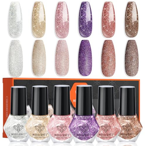 modelones Nagellack 6 PCS, Nagellack Schnelltrocknend Glitzer, Nagellack Ungiftig Auf Wasserbasis, Gel Nagellack, Langanhaltender Nagellack für DIY Salon Geschenk für Frauen Mädchen