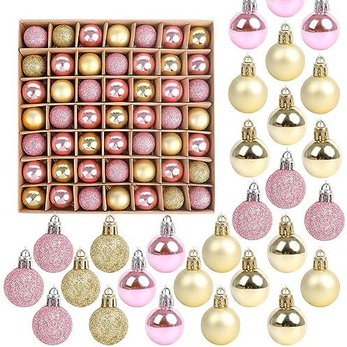 SULOLI Mini Christmas Tree Baubles,49PCS Mini Shatterproof Decorative Hanging Ornaments Balls Christmas Tree Decor(Pink&Gold)