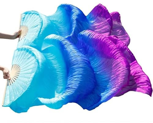MEETOZ 1 Paar 1,8 m 100% echte Seide, Bauchtanz-Fächer, Nationaltanz, Tanz, langer Bambus-Fächer für Party, Bühnenauftritt (blau-violetter Farbverlauf)
