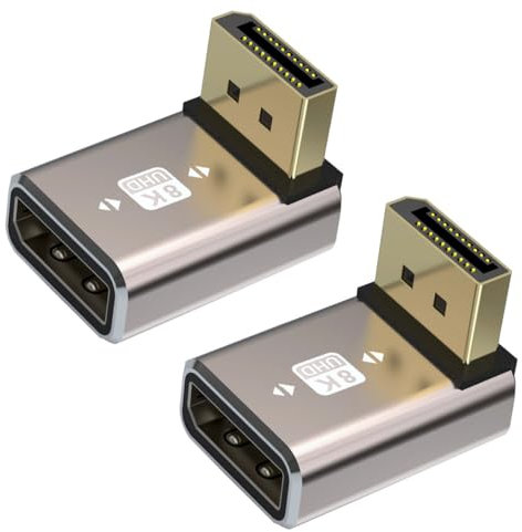 HTGuoji 8K DisplayPort 1.4 Coupler Adapter, 90 Degree Right Angle DP Male to DP Female Extension Connector Support 8K@60Hz 4K@144Hz 1080p@240HZ, Full HD Stereo 3D 2pcs (Down)
