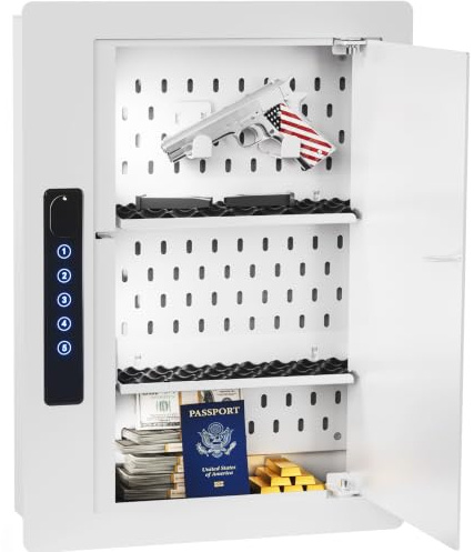 Grimtron Quick Access White Wall Safe with Removable Pegboard & Shelfs, Flat Hidden In Wall Safes Between the Studs 16 Centers, Wall Mount Safe for Cash, Valuables, Document