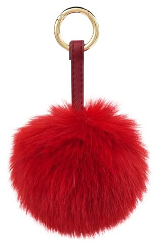 S.ROMZA Porte-clés à pompons en fausse fourrure artificielle - Porte-clés moelleux en peluche pour sac à main, sac à dos, portefeuille, pendentif pour femme (Rouge)