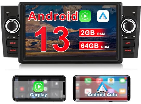 AWESAFE Android 13 (2+64GB) Autoradio per Fiat Grande Punto (2005-2012) 7 Pollici Radio 1 DIN con CarPlay Android Auto Bluetooth con USB FM Comandi al volante