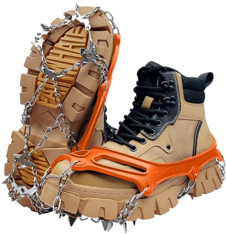 Crampones Antideslizante, Crampones para Botas de Senderismo, Garras de zapatos con 19 Picos Antideslizantes, crampones de Nieve para Caminar, Alpinismo en Invierno y Senderismo, Naranja (XL)