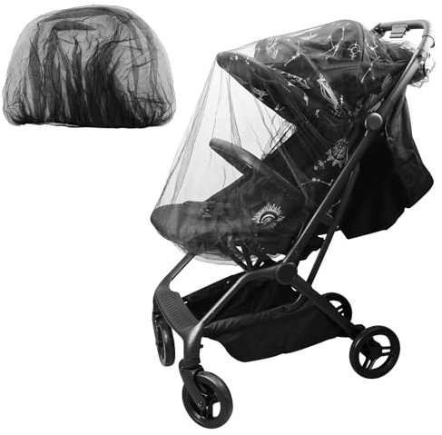 1 zanzariera per passeggino, zanzariera universale, con elastico, resistente agli strappi e lavabile, per passeggino, protezione contro vespe e zanzare (nero), con 2 ganci