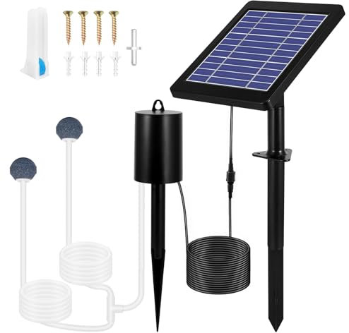 Aérateur de bassin solaire avec 2 pierres à bulles d'air, kit de pompe à air étanche IP64, pompe à oxygène solaire multifonctionnelle portable, 3 modes d'oxygène, 35 dB sourdine, pour jardin, piscine,
