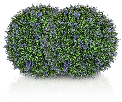 HOMCOM Set di 2 Piante Artificiali a Sfera con Fiori di Lavanda, Piante Finte Anti-UV per Casa e Giardino, Ø42 cm, Verde e Viola