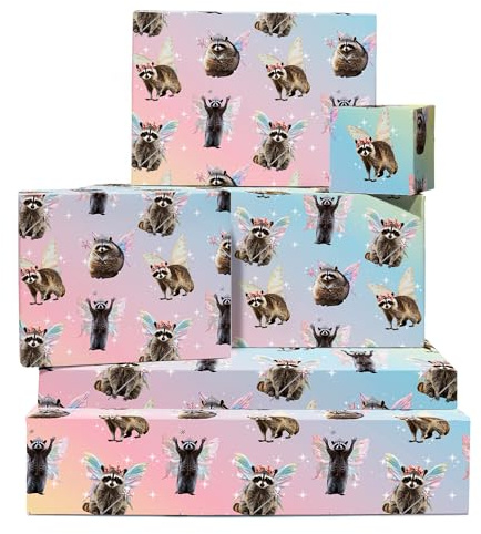 Feen-Geschenkpapier – 6 Bögen umweltfreundliches Geschenkpapier Geburtstag mit Anhängern – Feen-Waschbären – Pastell Ombre – recycelbar – von Central 23
