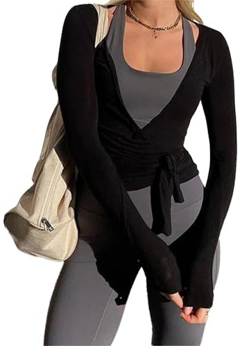 Dubute Damen Y2K Langarm-Oberteil mit Kreuzwickel, schmale Passform, weiches Shirt, lässig, Yoga, Fitnessstudio, Bandage, Top, Bluse, Schwarz , Einheitsgröße