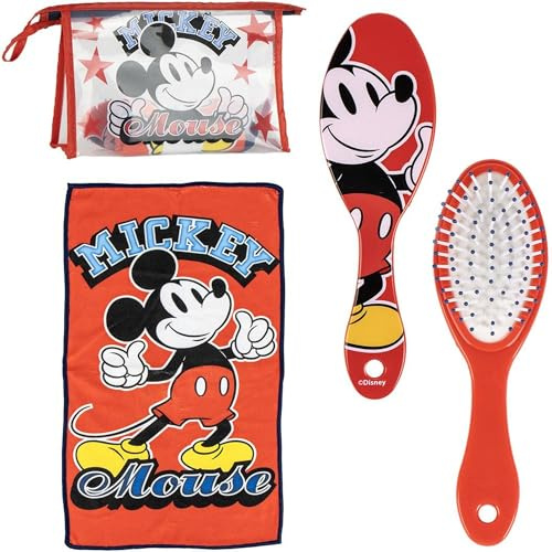 Trousse de toilette de voyage avec peigne, serviette et sac Mickey - Trousse de toilette Mickey pour voyage ou école, rouge, Trousse de toilette transparente avec fermeture éclair