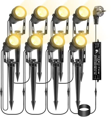 B-right Gartenbeleuchtung led außen, 8er Set Gartenbeleuchtung mit strom, IP65 wasserdicht Gartenstrahler mit erdspieß, Gartenleuchte mit stecker, Warmweiß, Wegbeleuchtung Gartenlampe für Rasen Weg