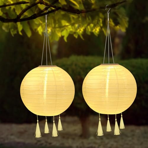 YIFMOO Solar Lampions Außen Wetterfest, 2 Stück 20 CM Solarlaterne Outdoor | LED Wasserdicht Lampion mit 4 Quaste, Hängende Nylon Laterne für Gärten, Höfen, Balkonen, Hochzeit Dekoration (Warmweiß)