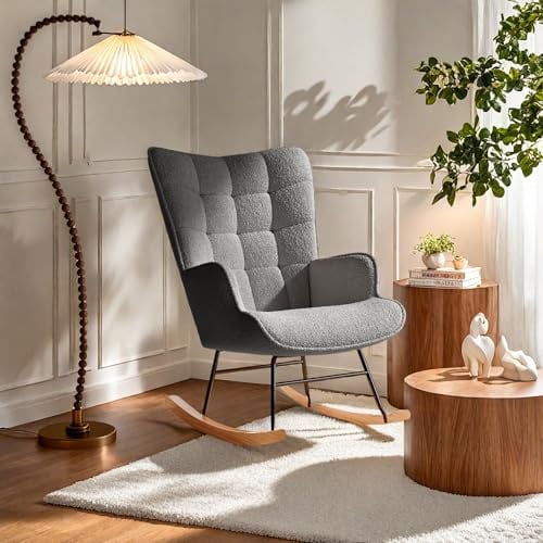 FEEOHOME Schaukelstuhl, Schaukelstuhl, Stillsessel, Schaukelstuhl, Stillstuhl, Samt, für Schlafzimmer und Wohnzimmer, karierte Rückenlehne