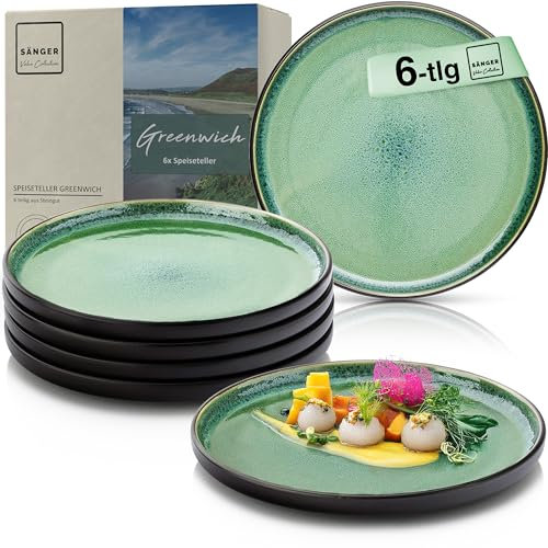 Sänger Greenwich | Teller Set 6 Personen, Steingut Geschirr Set 6 teilig, Speiseteller Essteller Dinner Set kratzfest Plates Set spülmaschinenfest, Steingut Speise Teller ggrün | VALUE COLLECTION
