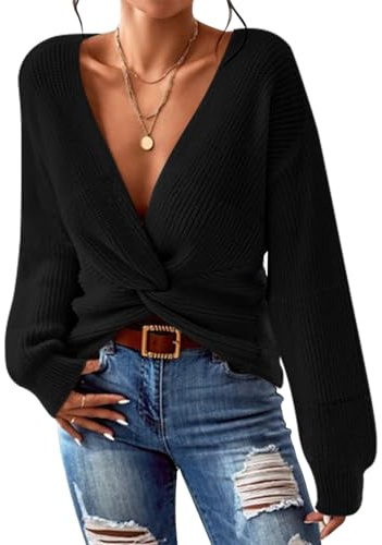 Sovoyontee Damen Pullover Casual V Ausschnitt Langarm Strickpullover Twist Knoten Mode Jumper Cropped Tops Schwarz L