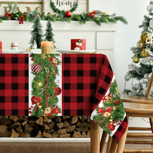 Tovaglia Natalizia Rossa 6 Posti 180x140cm, Poliestere Natale Tovaglia Antimacchia, Sottopiatti Natalizi Stampata Con Plaid e Rami Di Pino, Decorazioni Natalizie Per La Casa Centro Tavola Natalizio