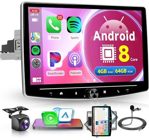 8 Core 4G+64G Wireless Carplay Android Autoradio 1 Din, 10.1 Pollici Schermo Rotante Autoradio con Android Auto GPS Navi WiFi Mirror Link Bluetooth FM/RDS/DSP Comandi al Volante Telecamera Posteriore