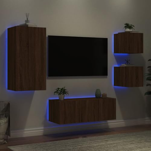 Qnhdfrt 5-TLG. Wohnwand mit LED TV Schrank Braun Eichen-Optik Hängend für Wohnzimmer Stauraum