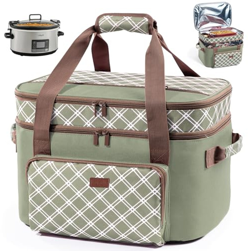 BAGSPRITE Double-Layer Slow Cooker Carrier Bag for 6-8 Quart Crock Pot Oval | For CrockPot & Hamilton Beach; insulated travel tote with lid strap and utensil storage for potlucks, partie and holiday gift