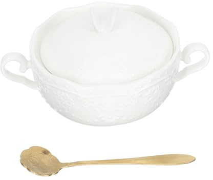 LIGIGWASH Geprägte Keramik Dessertschale mit Doppelgriff und Löffel Weiß | 1 Satz, Dekorative Aufbewahrung für Obstsalat und Suppe, Europäischer Stil, für Restaurants und Partys