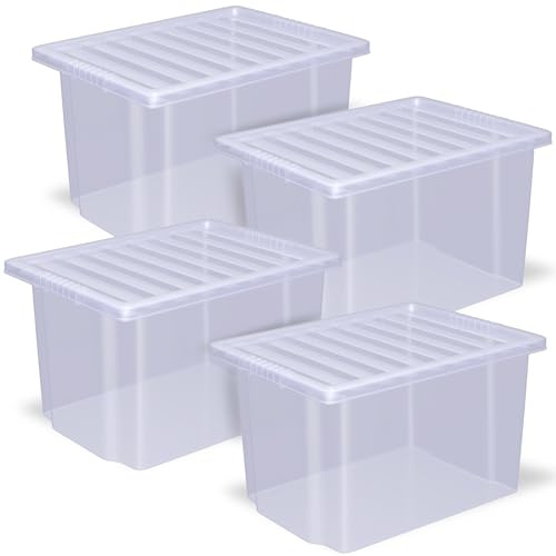 Zooblaze 4 x 30 Litre storage boxes with lids, Clear & Large stackable storage boxes, Multipurpose under bed storage box with lid for Office, Garage, Clothes & home storage