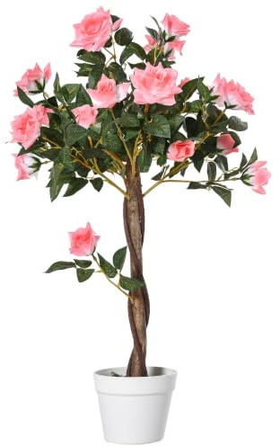 Outsunny Pianta Finta di Rosa da 21 Fiori con Vaso Ø18x90 cm Rosa | Riempito in Cemento e Muschio, Pianta Artificiale Anti-UV, Plastica e Tessuto