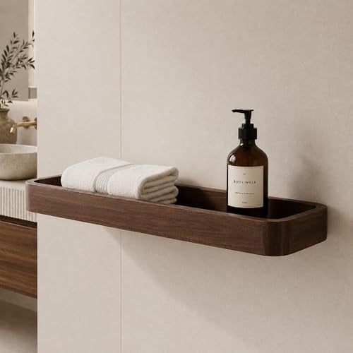 Jugen Bathroom Shelf Wall Mounted – Solid Black Walnut Shower Shelf, No Drill Adhesive or Screw Mount, Premium Bathroom Storage for Shampoo & Toiletries