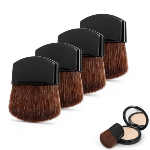 JOINPAYA Lot de 4 Mini Pinceaux Poudre Compact Plat, Petit Pinceau Maquillage pour Retouche Teint et Siphon, Brosse Demi-Lune Fine pour Voyage et Voyageurs, Poils Souples Bruns Manche Noir