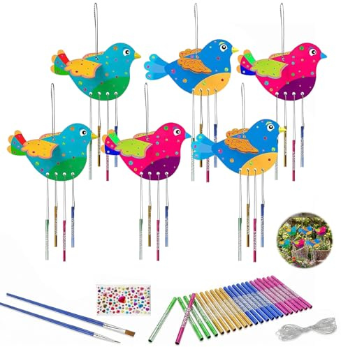 ElvenJoy 6 Pack Bird Wind Chime Kit, Unfinished Wood Craft Set | Wooden bird-shaped wind chimes for painting, decorative garden art supplies, creative DIY outdoor hanging accessories