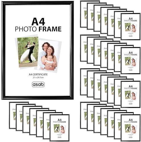 ASAB Pack of 36 Black A4 Frame Wall Hanging Hooks & Desk Mountable Plain Classic Design Certificate Frame with Quick Photo Insertion Clear Acrylic Display A4 Picture Frame for Home and Office (Black)